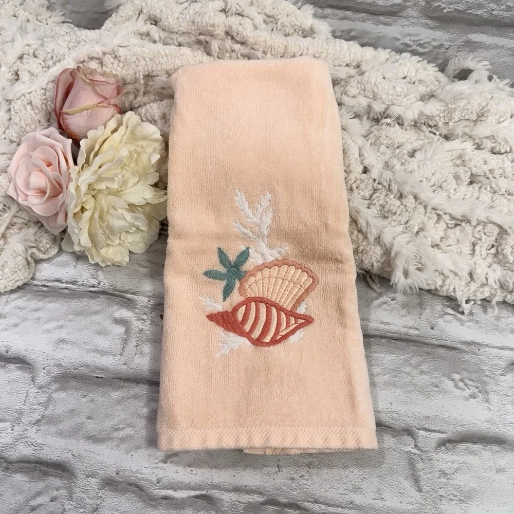 Vtg RA Briggs Seashell Embroidered Peach Bath Towel 4pc Set Beach House Seashore